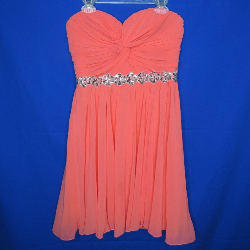 Coral Formal Dress with Silver Beads and Sequins